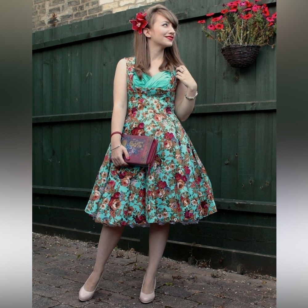 Lindy Bop Ophelia Swing Dress, Turquoise/floral, Size XS, NWOT